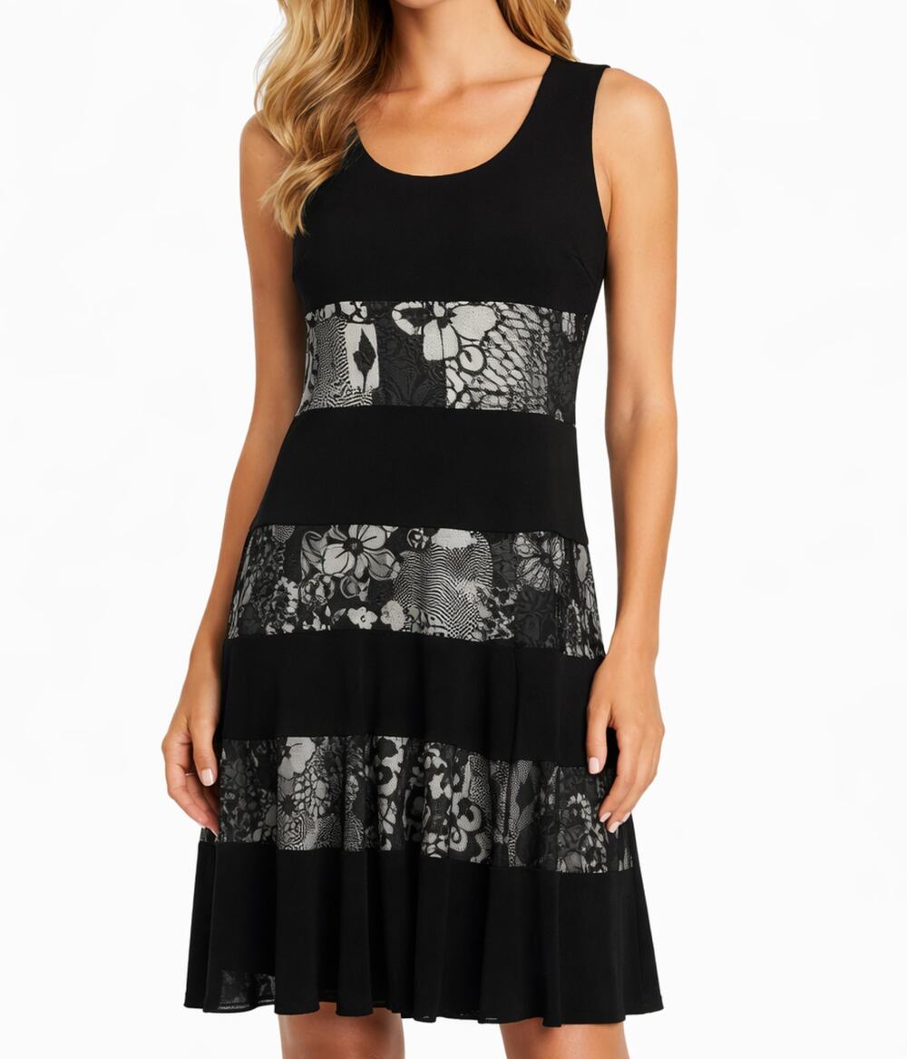 Joseph Ribkoff Midi Dress Black Lace Panel Jersey Stretch SZ M Designer Classic